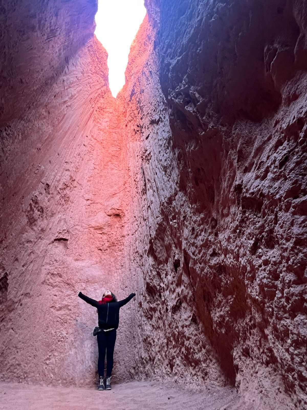A traveller standing with arms open in an Atacama canyon